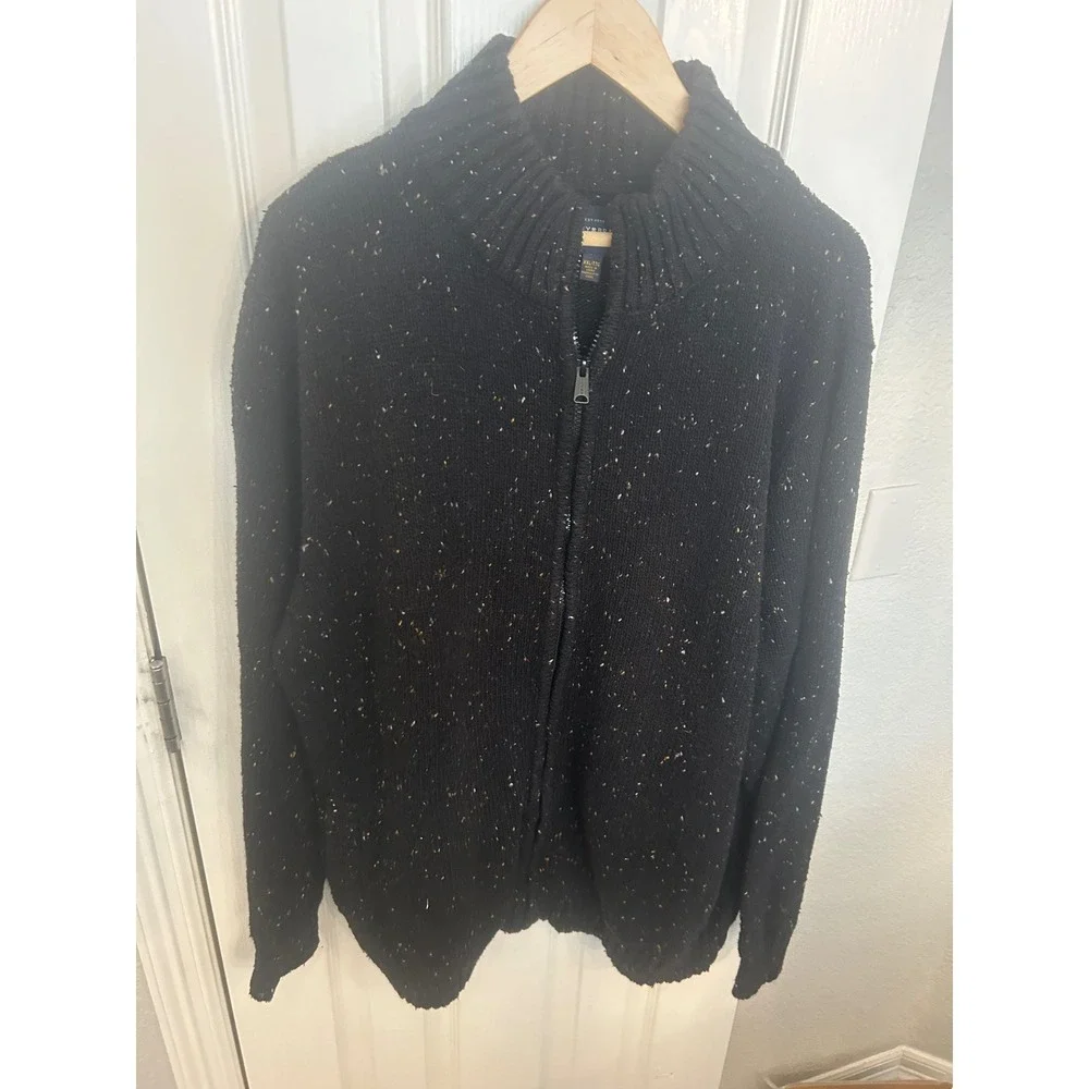 Lucky Brand Mens XXL Black Speckled‎ Full Zip Cardigan Sweater Cotton Wool Blend